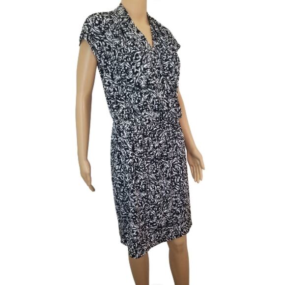Black Midi H Halston V Neck Short Sleeve Stretch Elastic Waist Dress Size Small - Picture 1 of 8